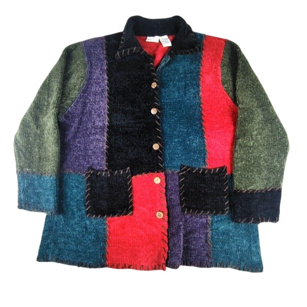White Stag Sweater Cardigan Womens 26W Multicolor Patchwork Knit Boho Collared